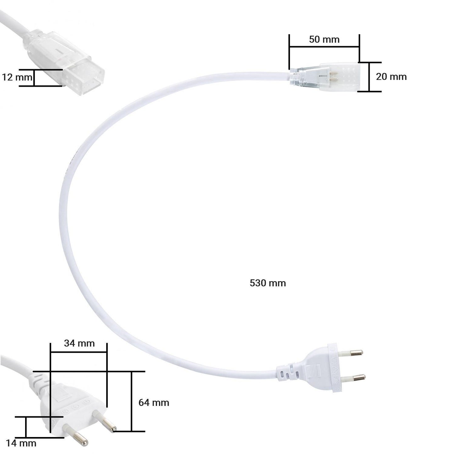 Câble d'Alimentation Ruban LED 220V AC IP65 12mm pour Intérieur et Extérieur
