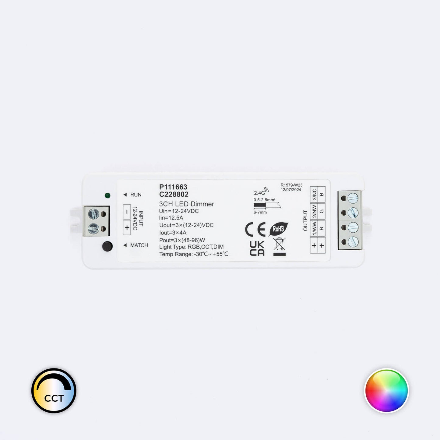 Contrôleur Variateur LED 96W IP20 pour Ruban LED, Télécommande RF, 12/24V DC