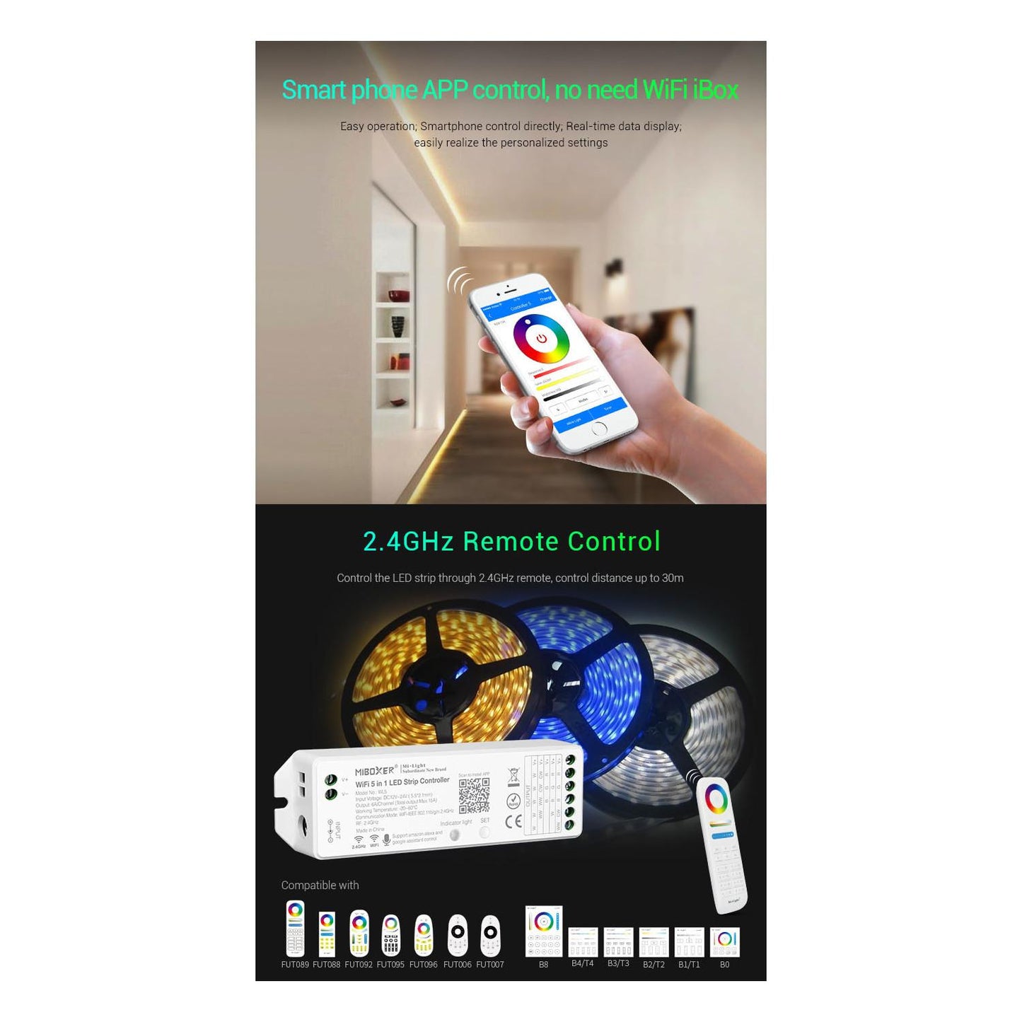 Contrôleur Variateur WiFi Ruban LED RGB+CCT 720W IP20 Intérieur