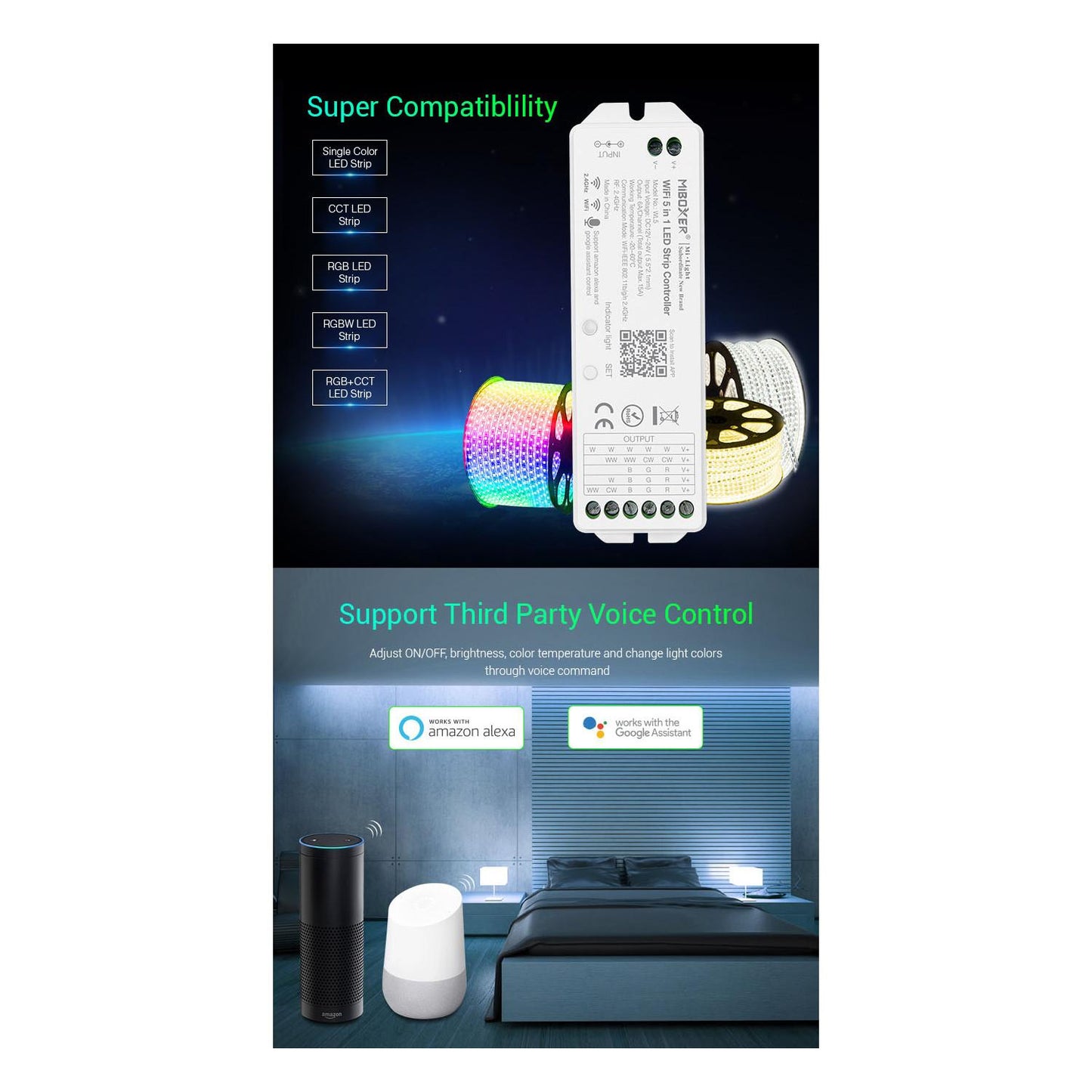 Contrôleur Variateur WiFi Ruban LED RGB+CCT 720W IP20 Intérieur