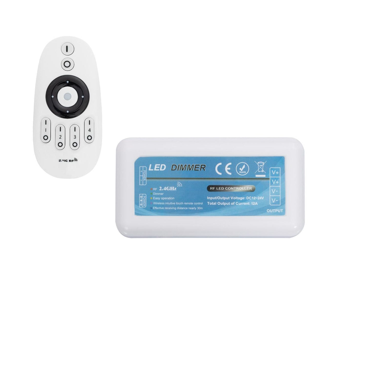 Contrôleur Variateur LED Monochrome 12/24V DC, IP20, Télécommande RF 4 Zones