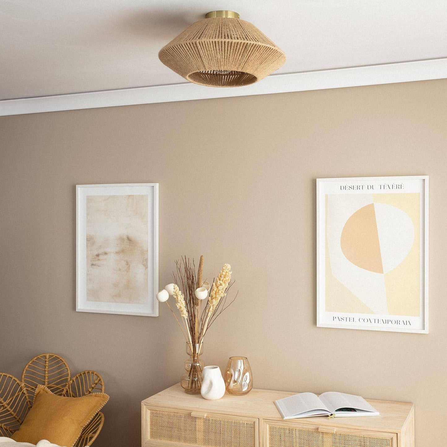 Plafonnier en Corde Naturelle E27, 20W, IP20, Installation en Saillie