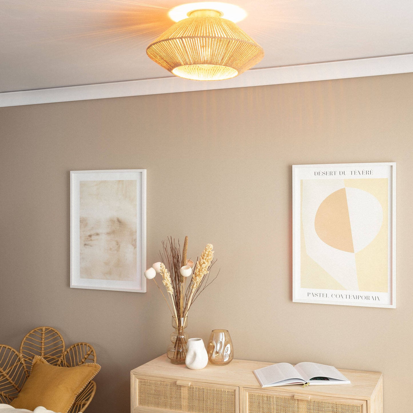 Plafonnier en Corde Naturelle E27, 20W, IP20, Installation en Saillie