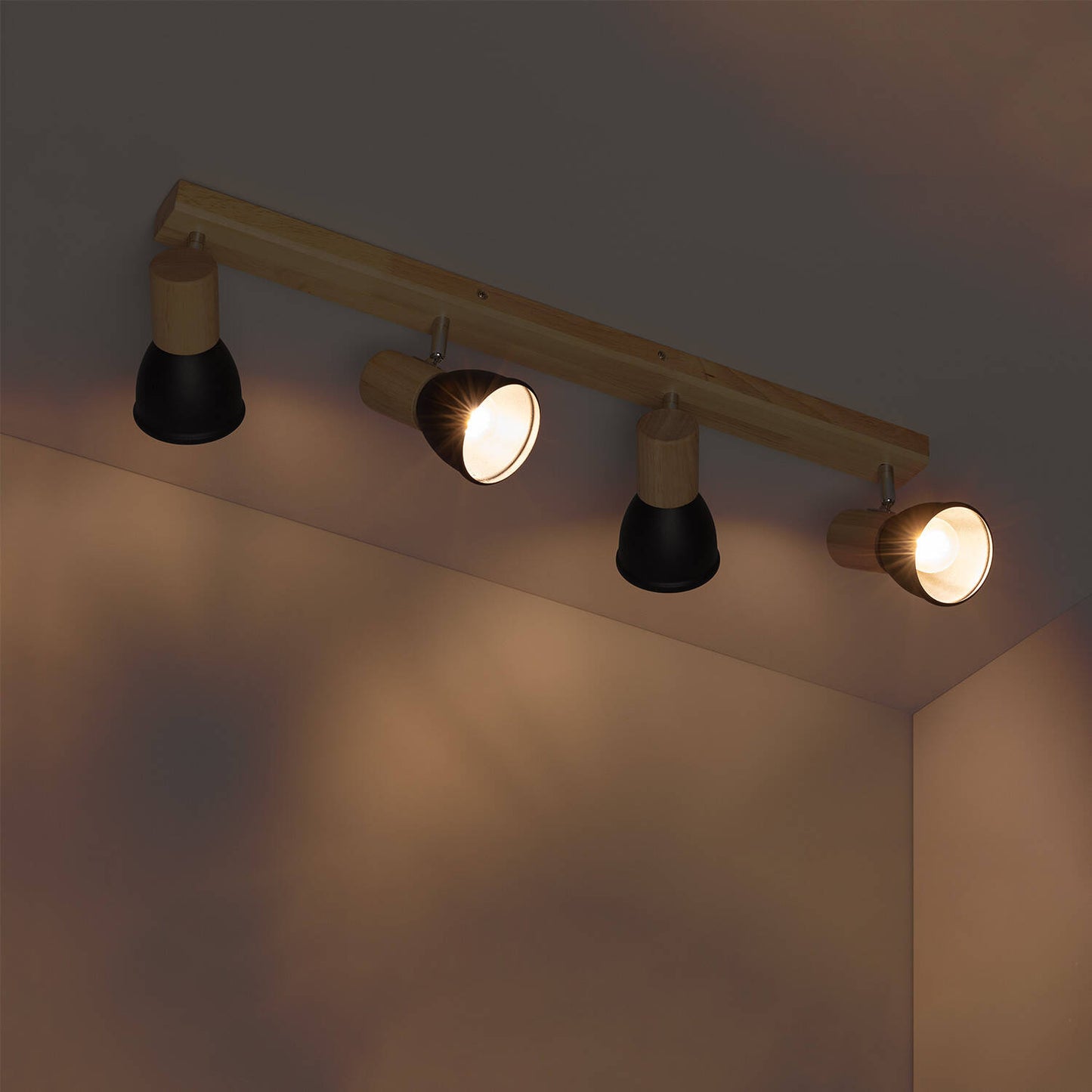 Plafonnier 4 Spots en Métal et Bois, IP20, 20W