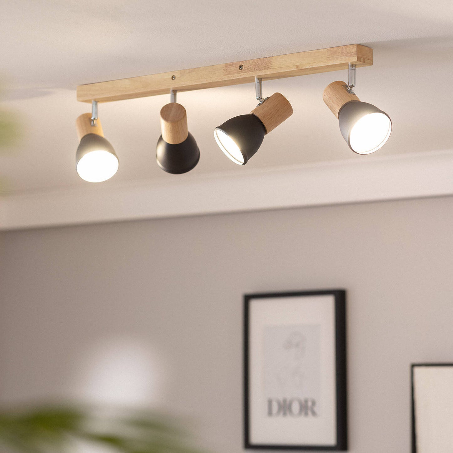 Plafonnier 4 Spots en Métal et Bois, IP20, 20W