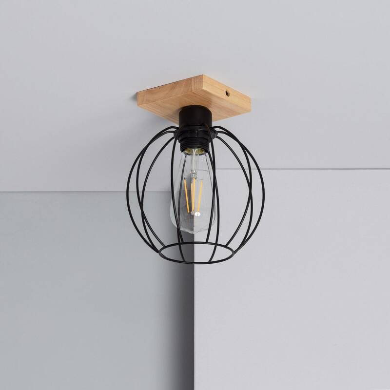 Plafonnier LED E27 en Bois et Métal, 20W, IP20, Intérieur
