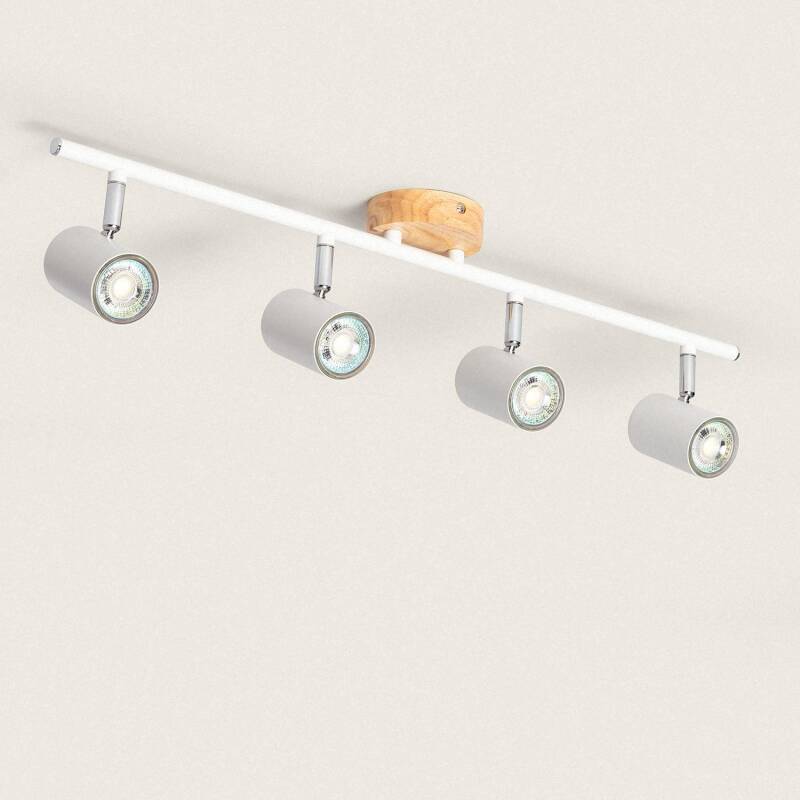 Plafonnier Orientable 4 Spots en Bois et Métal, IP20, 20W, Intérieur