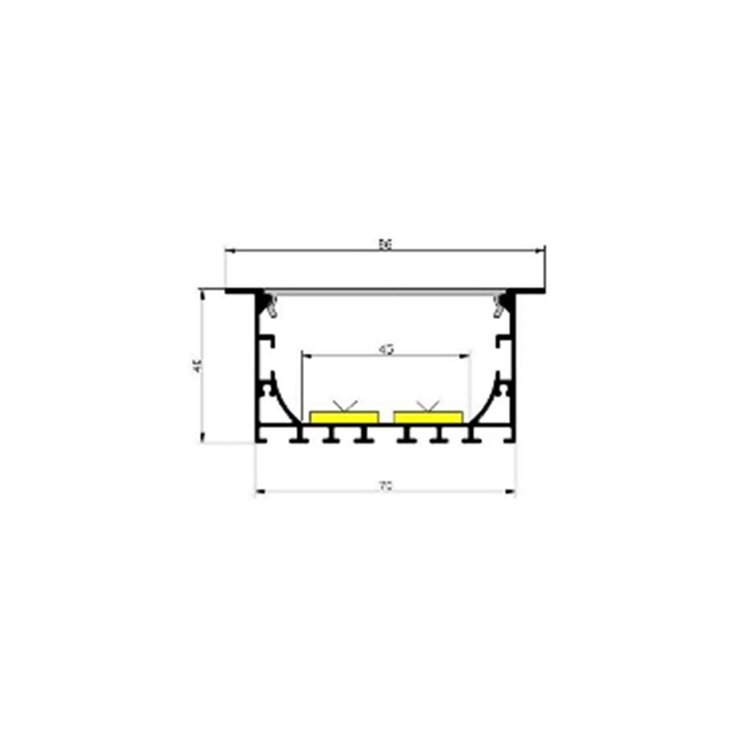 Profilé Aluminium Encastrable 2m, Capot Continu, pour Rubans LED 45mm