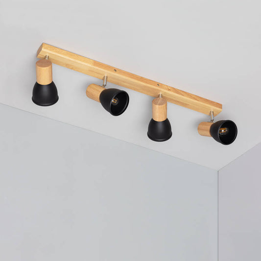 Plafonnier 4 Spots en Métal et Bois, IP20, 20W