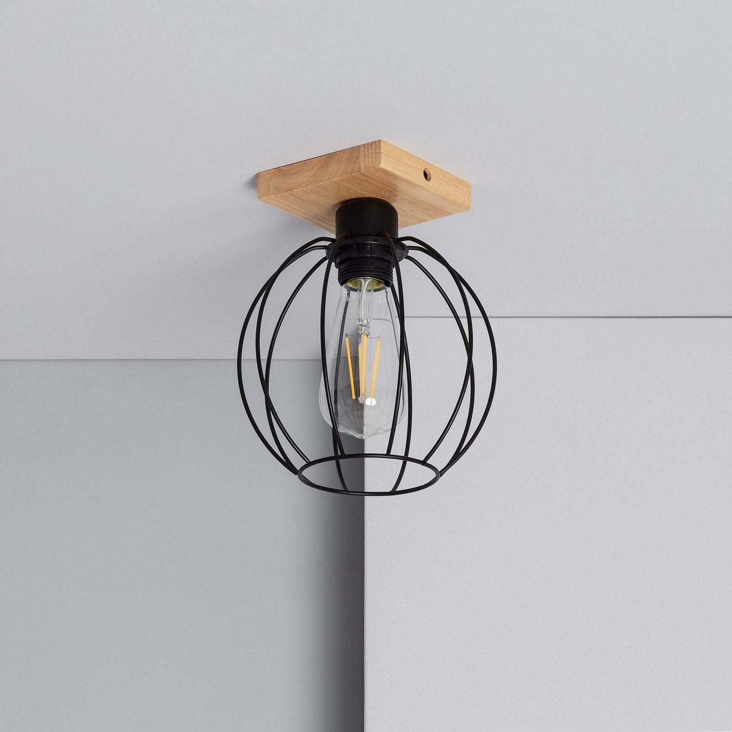Plafonnier LED E27 en Bois et Métal, 20W, IP20, Intérieur